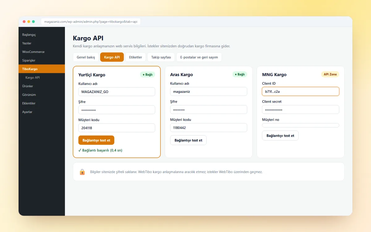 Kargo API entegrasyonu (Yurtiçi, Aras, MNG)