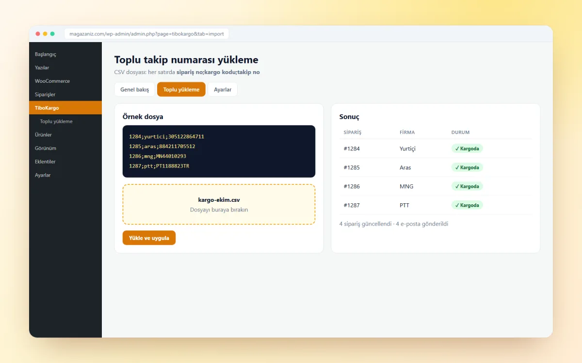 CSV ile toplu takip numarası yükleme