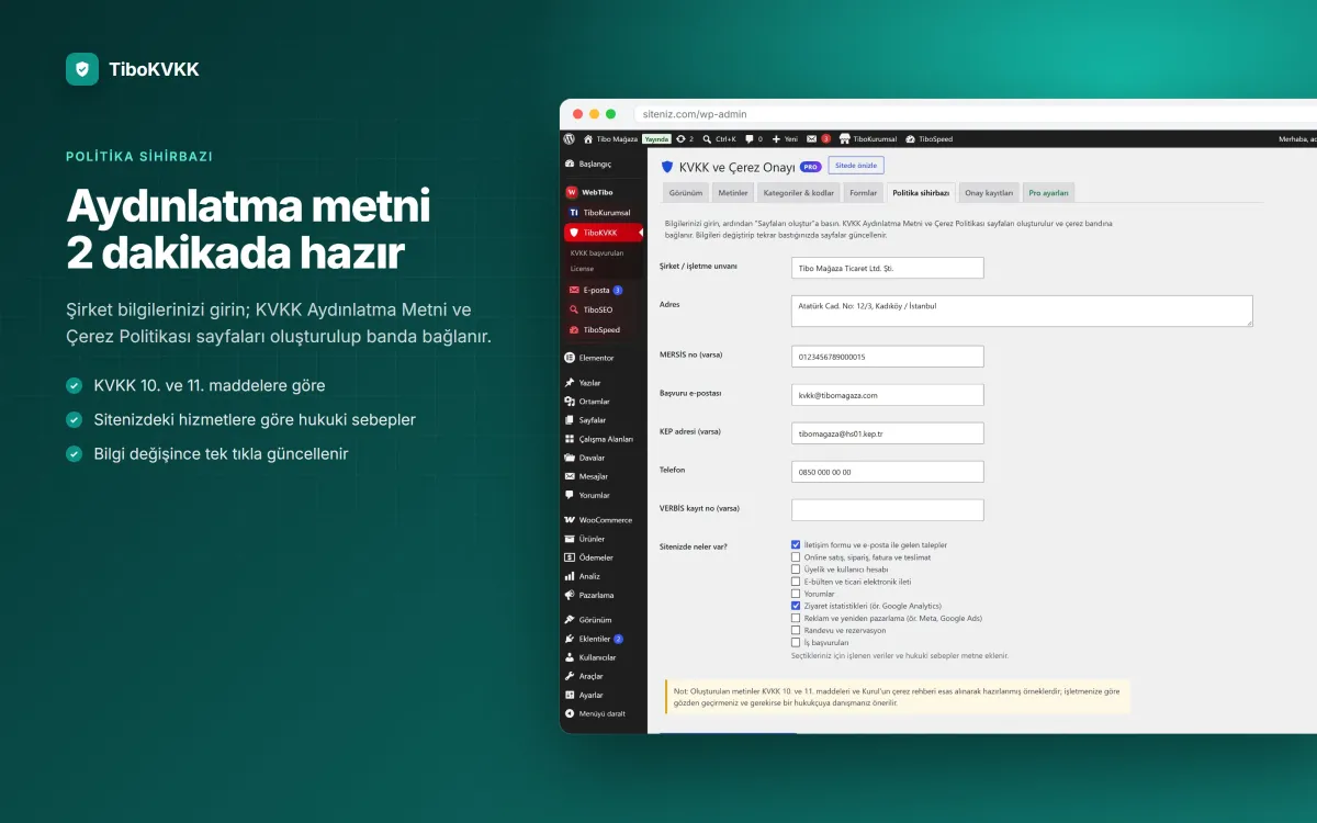 KVKK aydınlatma metni ve çerez politikası sihirbazı