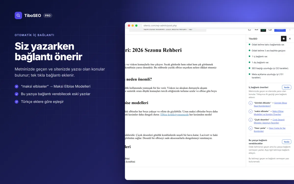TiboSEO Pro otomatik iç bağlantı önerileri, WordPress editörü