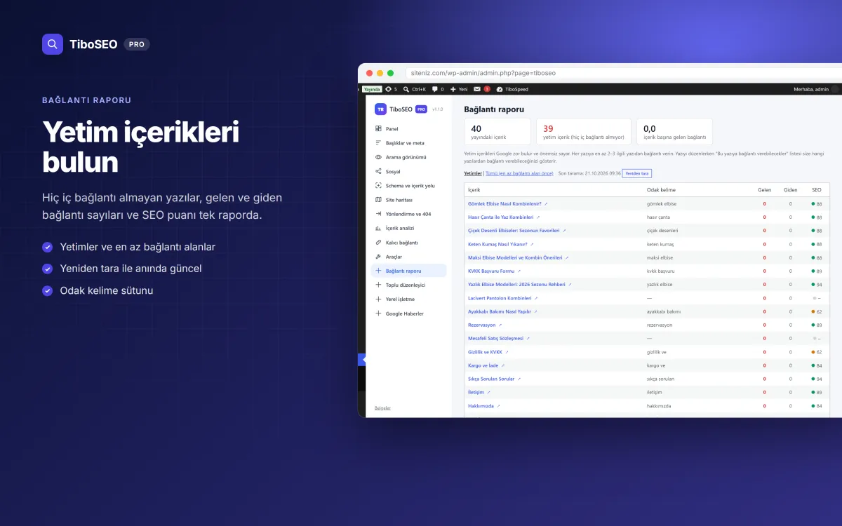 TiboSEO Pro bağlantı raporu: yetim içerikler
