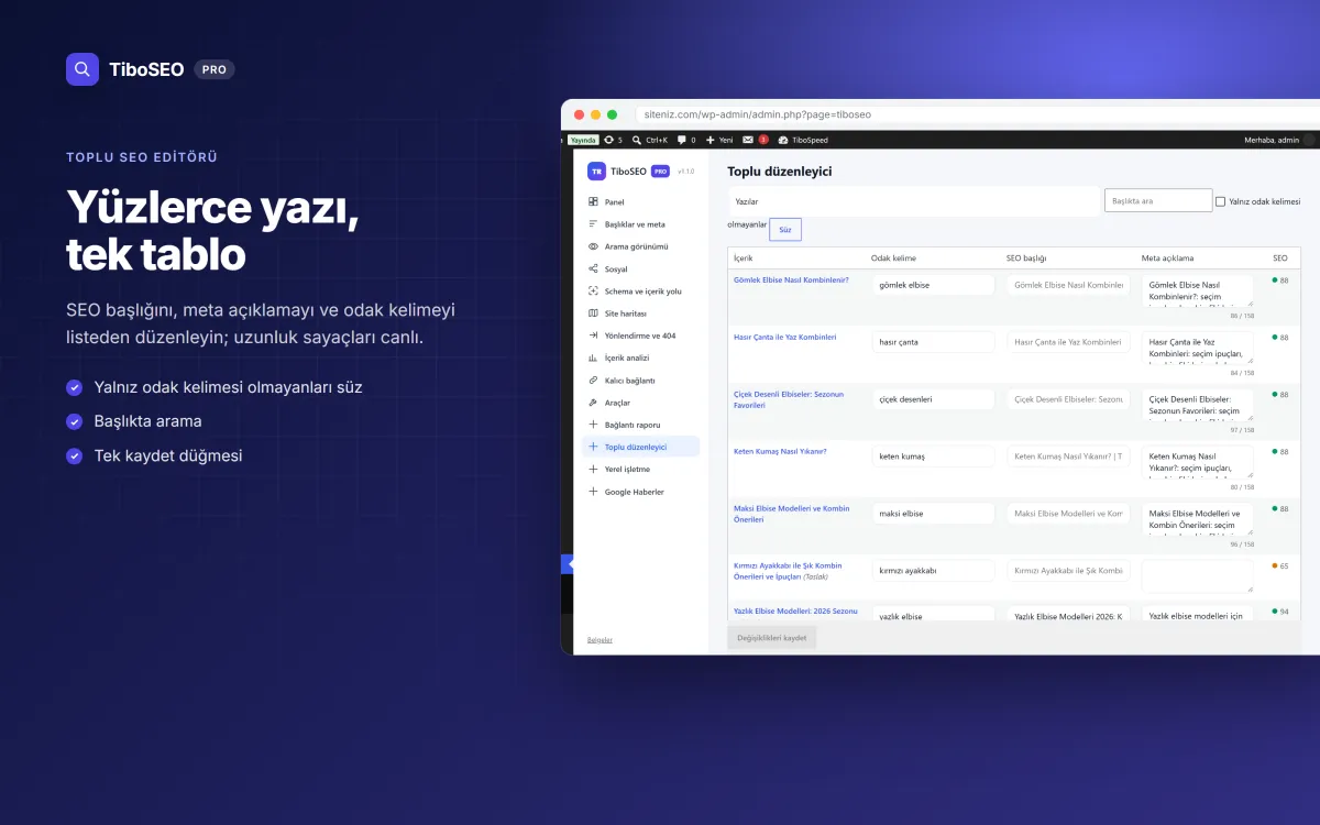 TiboSEO Pro toplu SEO editörü: başlık, açıklama, odak kelime