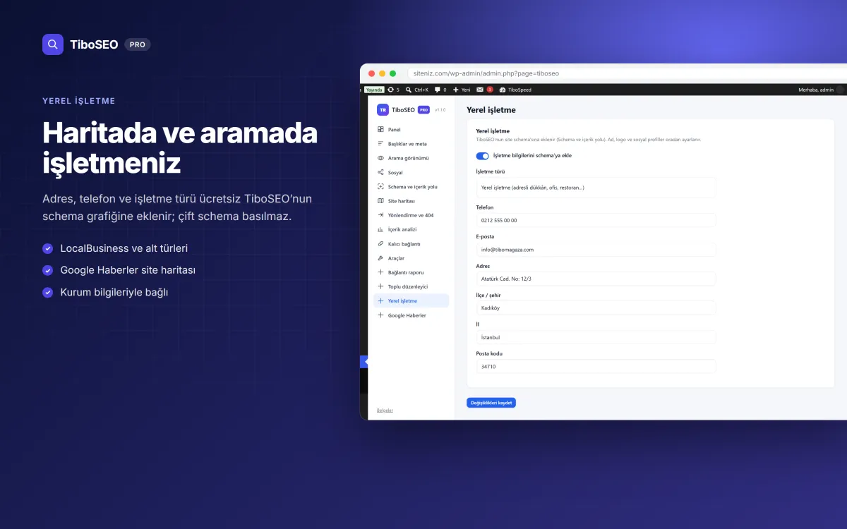 TiboSEO Pro yerel işletme schema ayarları