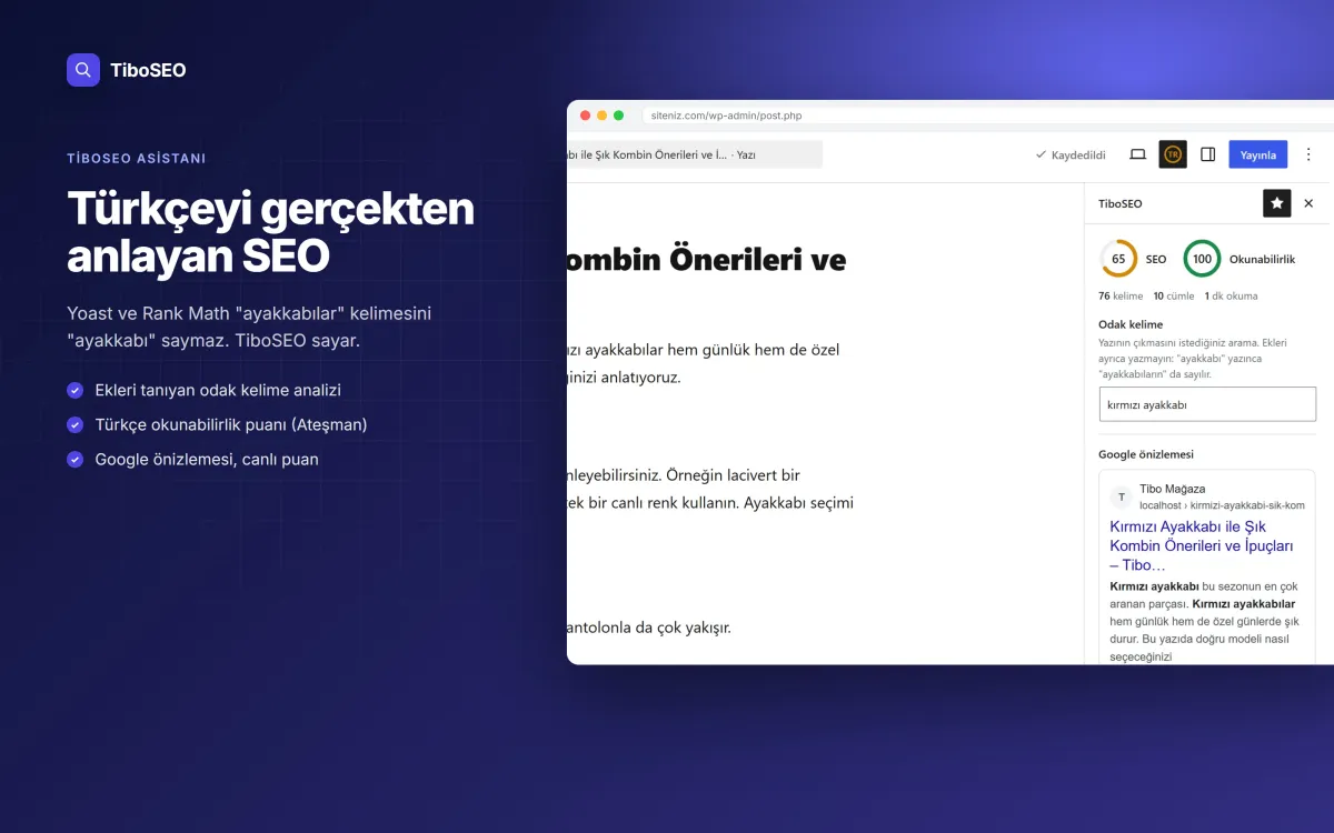 Yazı editöründe TiboSEO paneli ve puanlar