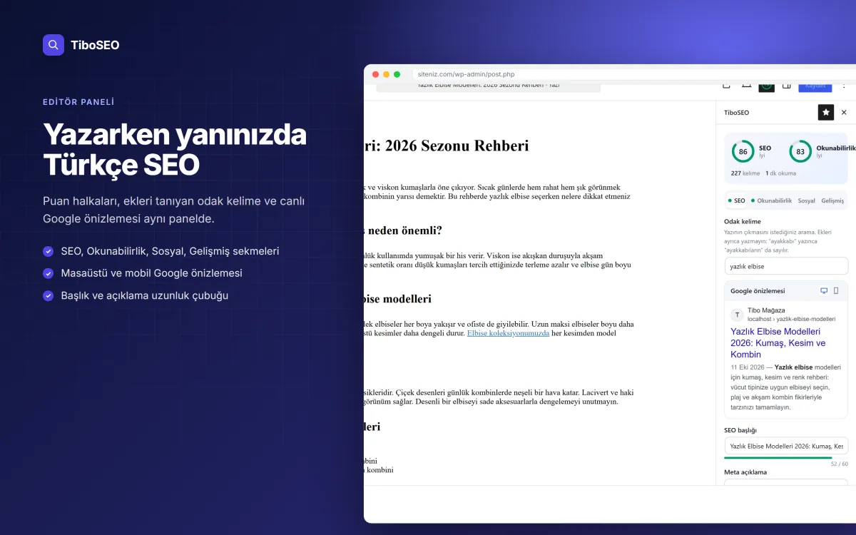 TiboSEO editör paneli: Türkçe SEO puanı, odak kelime ve Google önizlemesi