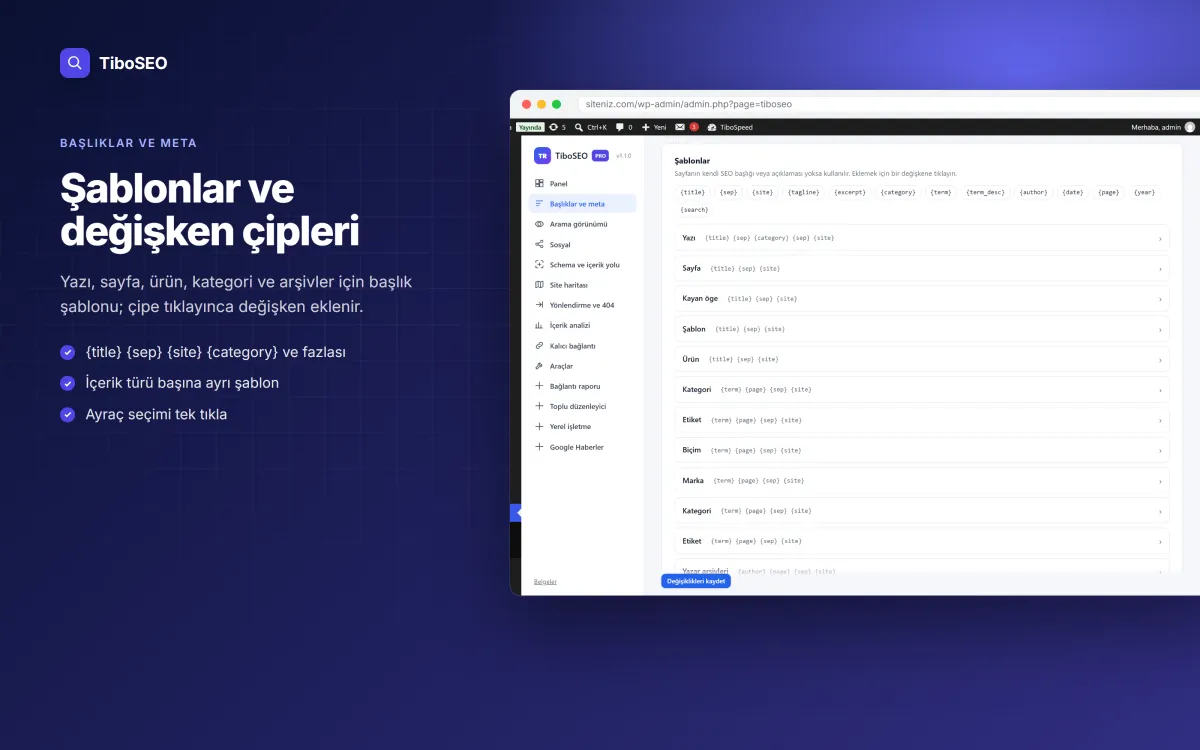 TiboSEO başlık ve meta şablonları, değişken çipleri