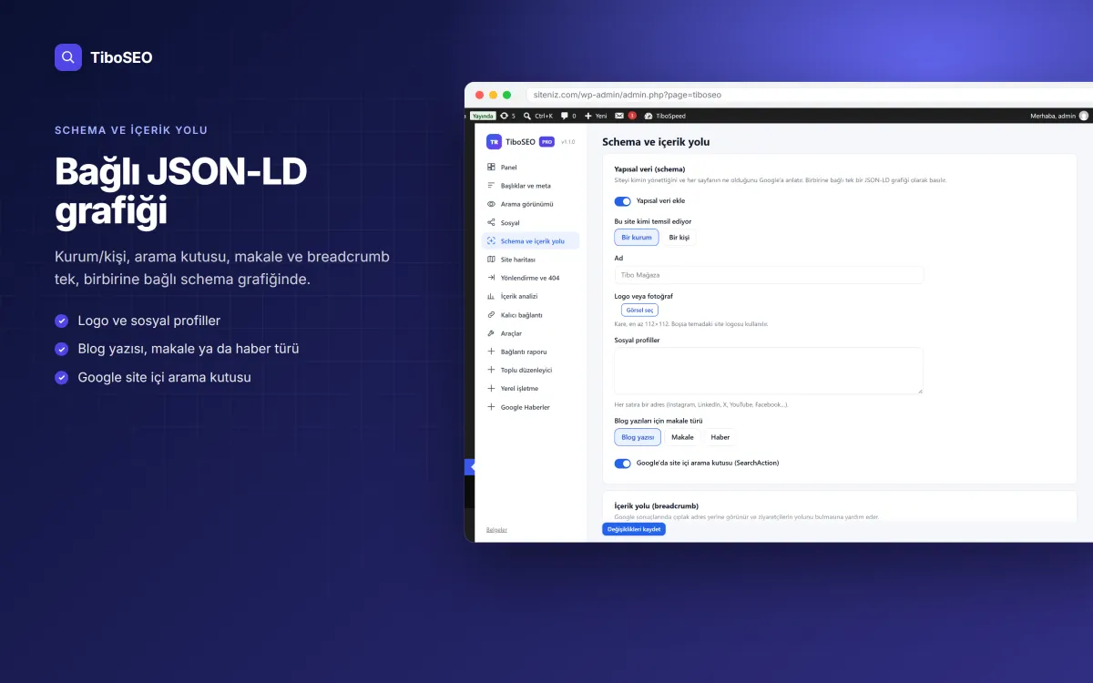 TiboSEO schema ve içerik yolu (breadcrumb) ayarları, JSON-LD