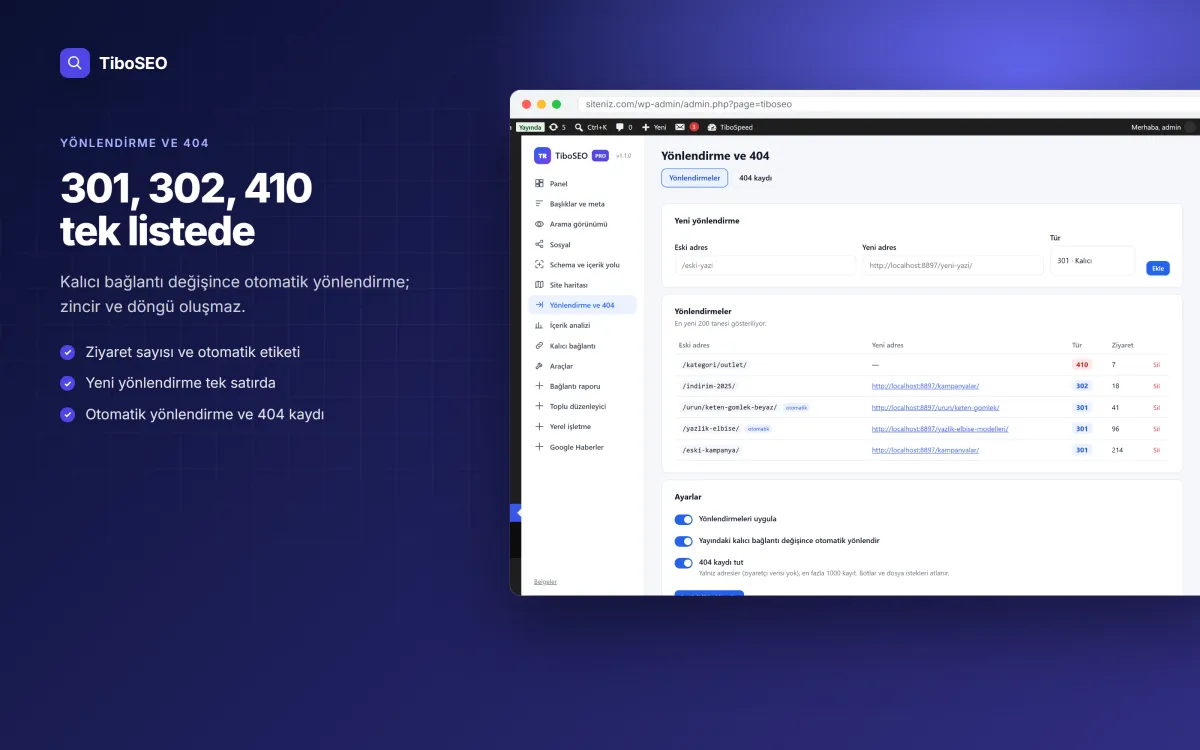 TiboSEO 301 yönlendirme listesi ve 404 ayarları