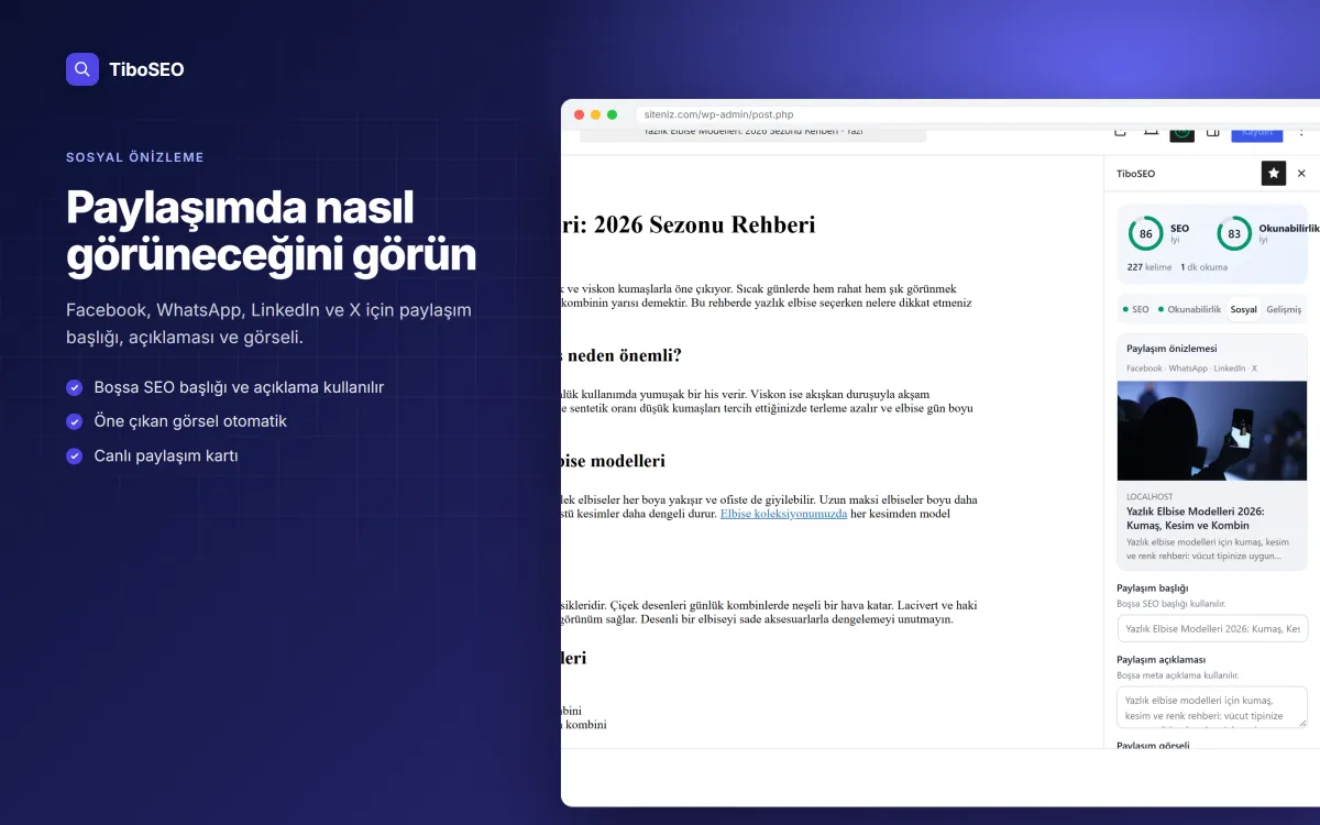 TiboSEO editör paneli Sosyal sekmesi: Facebook ve X paylaşım önizlemesi