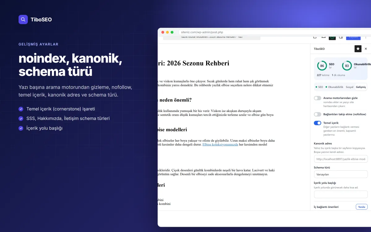 TiboSEO editör paneli Gelişmiş sekmesi: noindex, kanonik adres ve schema türü