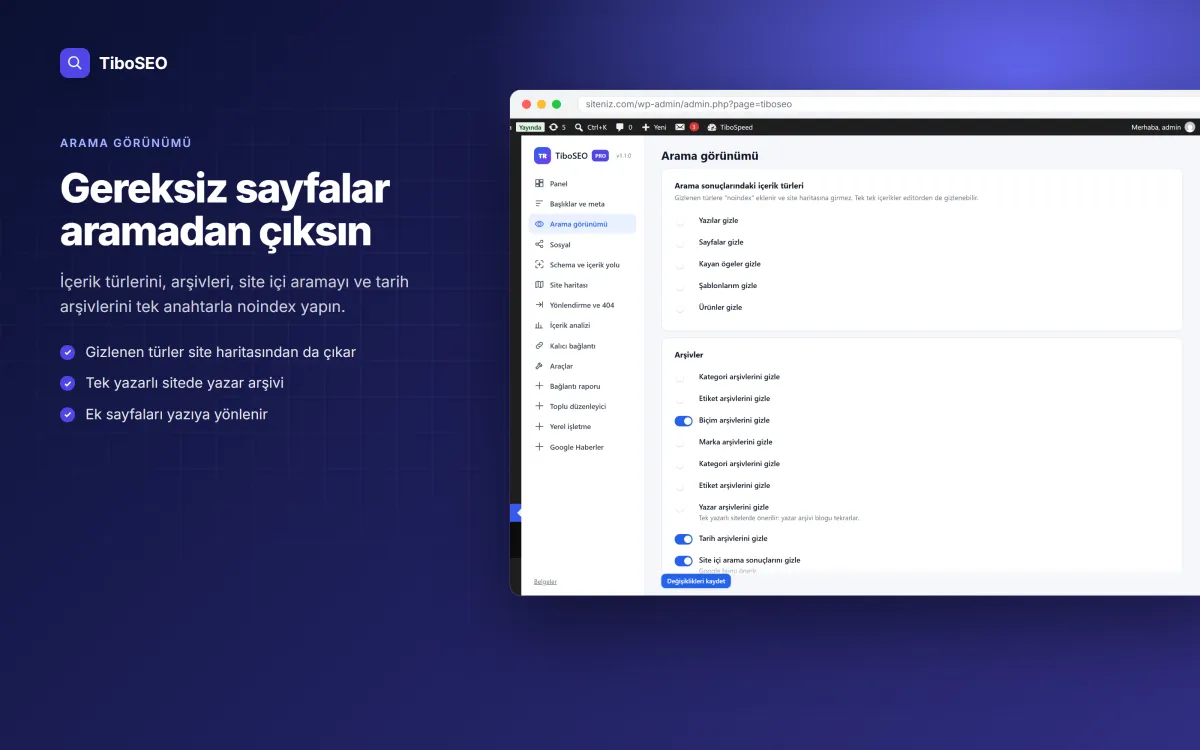 TiboSEO arama görünümü ayarları: içerik türleri ve arşivler