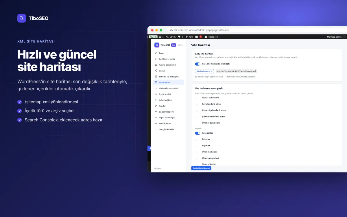 TiboSEO XML site haritası ayarları