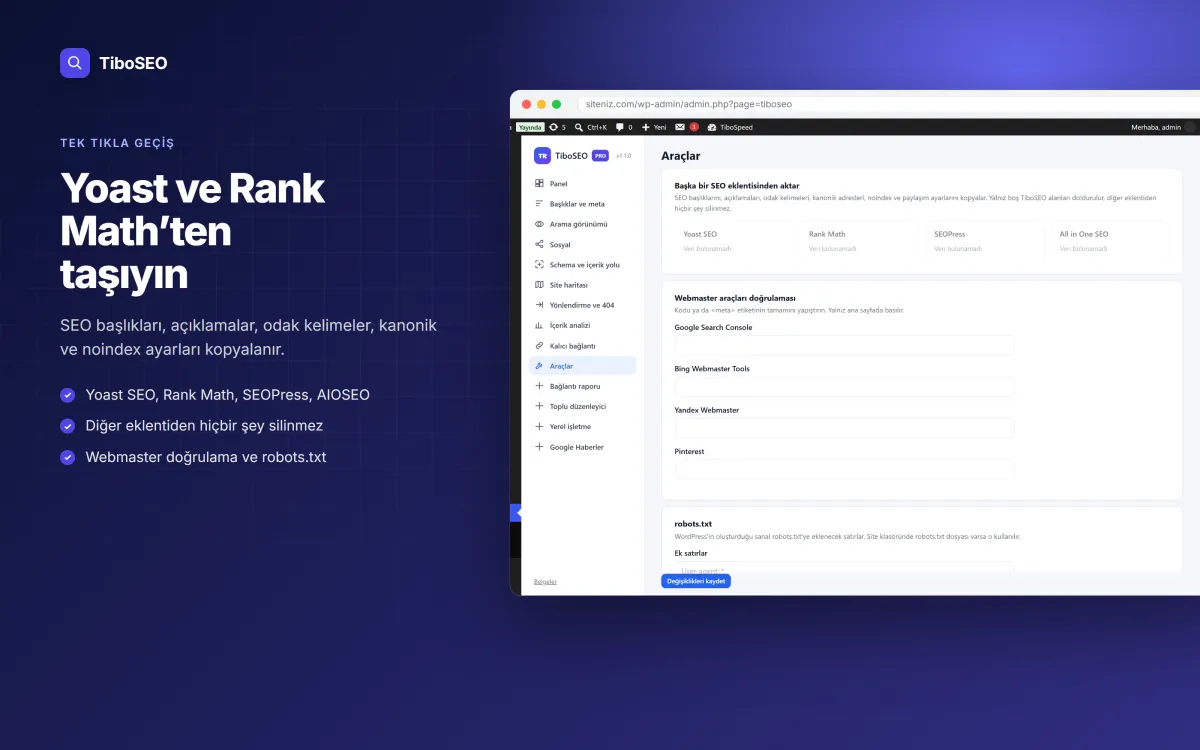 TiboSEO içe aktarma aracı: Yoast SEO ve Rank Math verilerini taşıma
