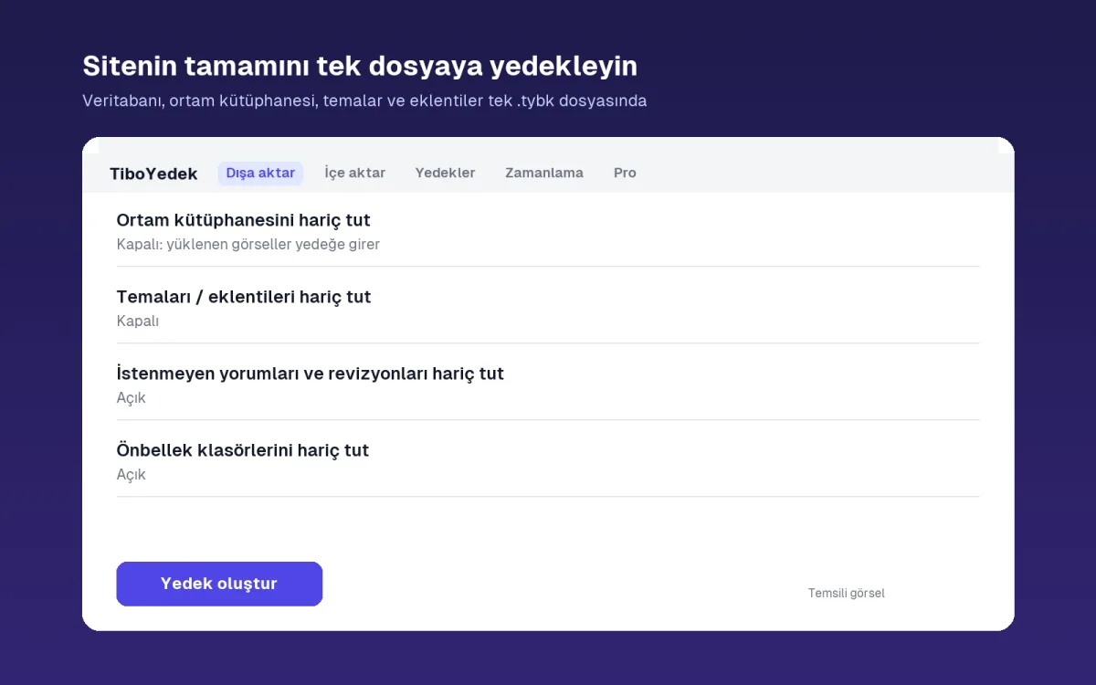 TiboYedek dışa aktar ekranı