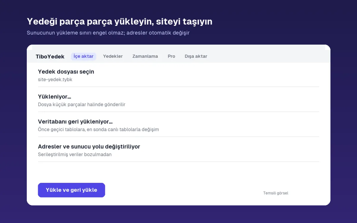 İçe aktar ekranı: yedeği parça parça yükleme ve geri yükleme