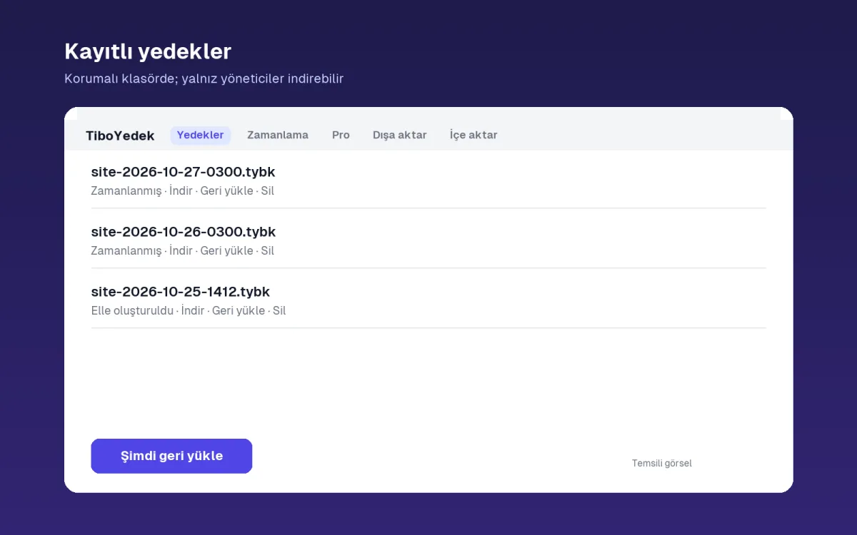 Yedekler ekranı: indir, geri yükle, sil