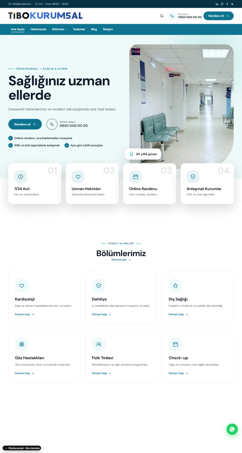 TiboKurumsal Sağlık & Klinik demosu