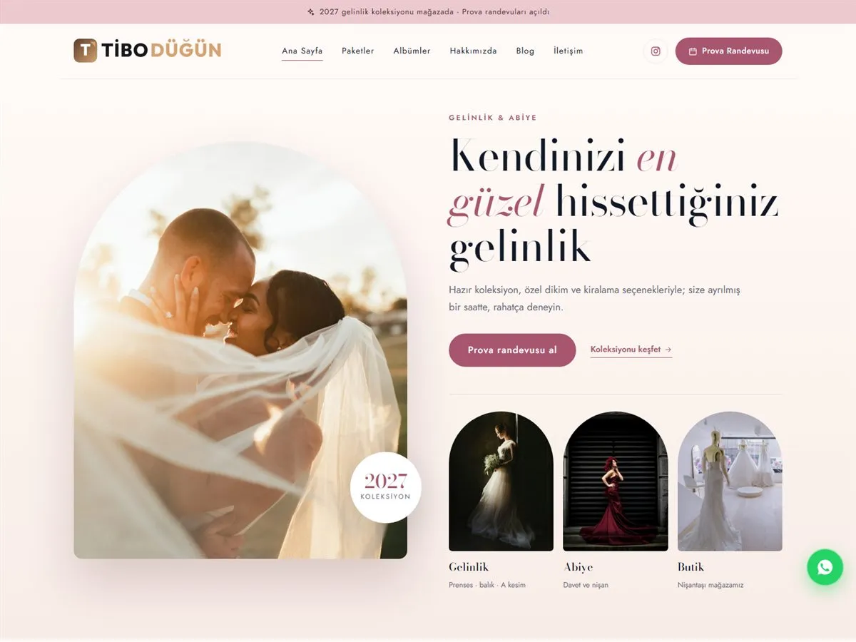 gelinlik butiği web sitesi — TiboDüğün Gelinlik & Abiye Butiği canlı demo ekran görüntüsü