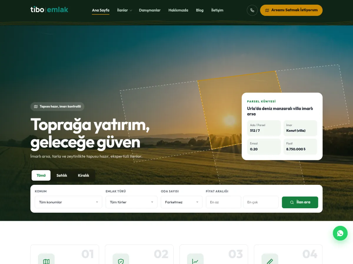 arsa ve tarla ilan teması — TiboEmlak Arsa & Tarla demosu ana sayfa (masaüstü)