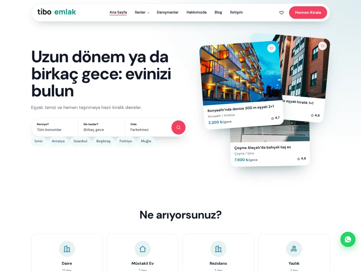 kiralık ev sitesi teması — TiboEmlak Kiralık & Günlük Kiralık demosu ana sayfa (masaüstü)