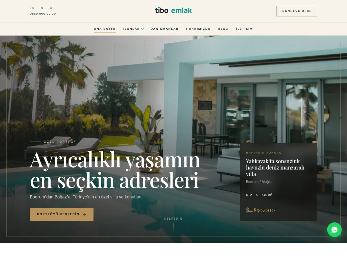 lüks konut ve villa teması — TiboEmlak Lüks Konut & Villa demosu ana sayfa (masaüstü)