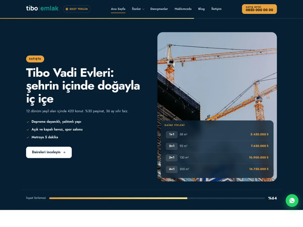konut projesi web sitesi teması — TiboEmlak Konut Projesi demosu ana sayfa (masaüstü)