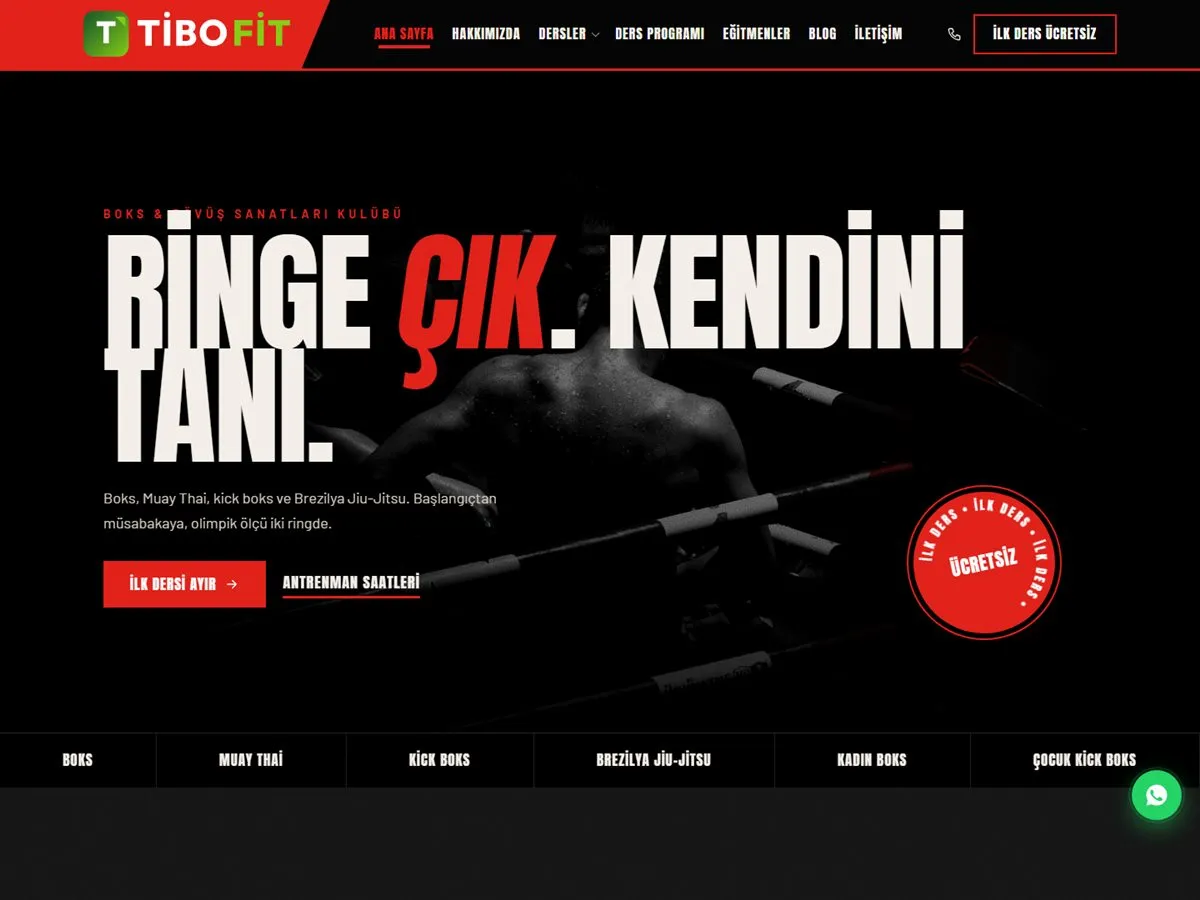 boks salonu web sitesi — TiboFit Boks & Dövüş Sanatları demosu ana sayfa (masaüstü)