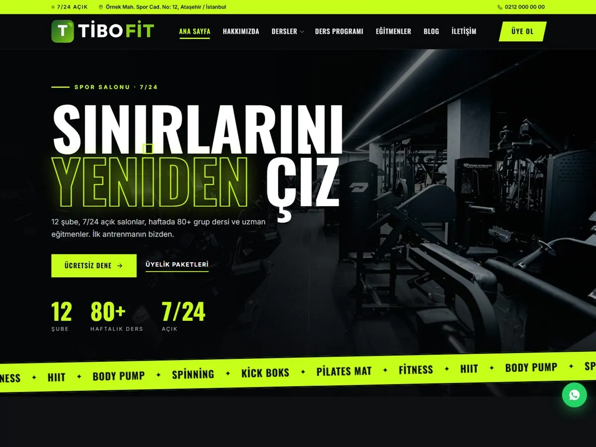 spor salonu web sitesi — TiboFit Spor Salonu demosu ana sayfa (masaüstü)