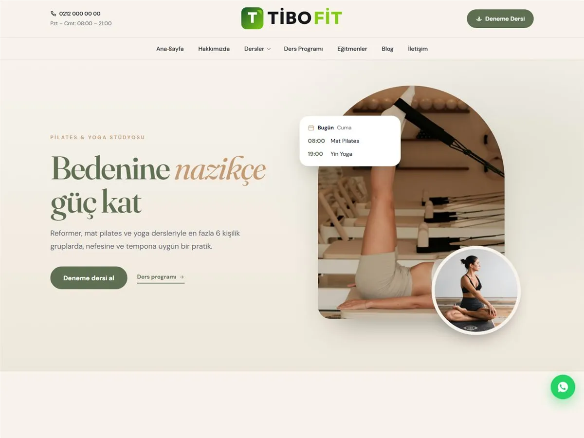 pilates stüdyosu web sitesi — TiboFit Pilates & Yoga Stüdyosu demosu ana sayfa (masaüstü)