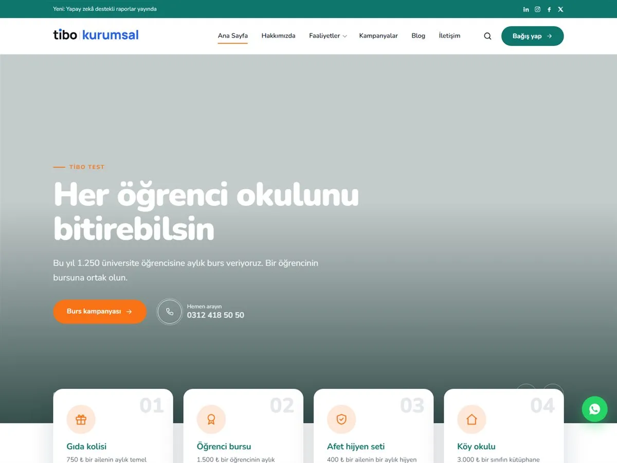 dernek sitesi teması — TiboKurumsal Dernek & Vakıf demosu ana sayfa (masaüstü)