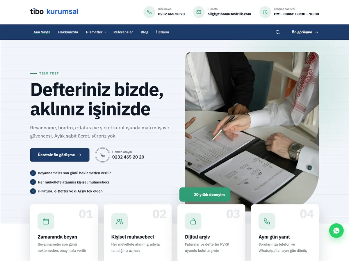 mali müşavir web sitesi — TiboKurumsal Mali Müşavir & Muhasebe demosu ana sayfa (masaüstü)