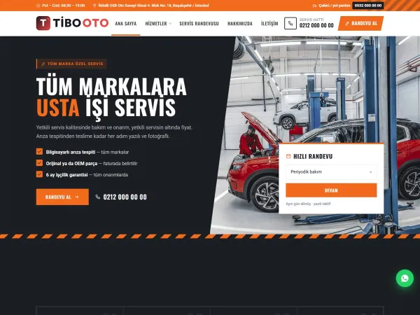oto galeri web sitesi için TiboOto Özel Oto Servis görünümü