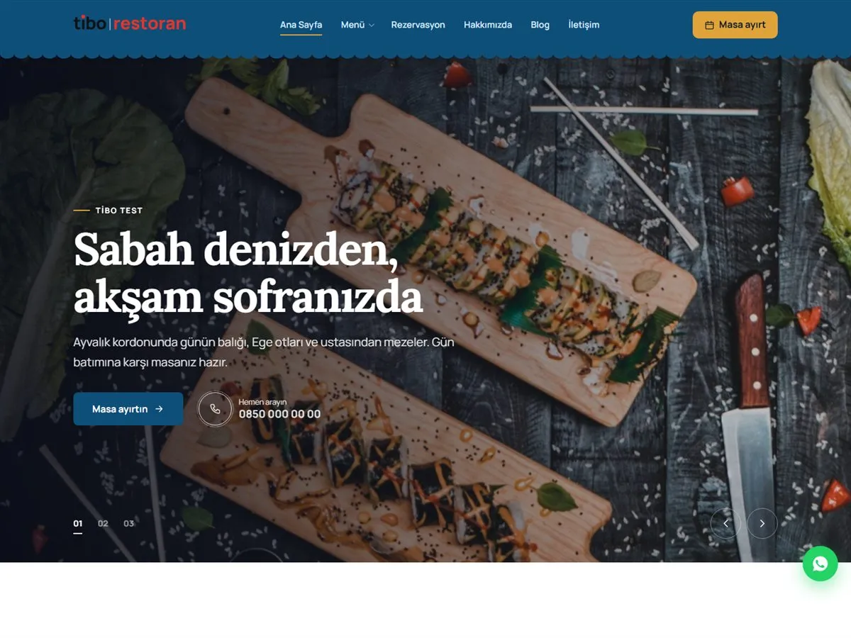 balık restoranı sitesi — TiboRestoran Balık Restoranı demosu ana sayfa (masaüstü)