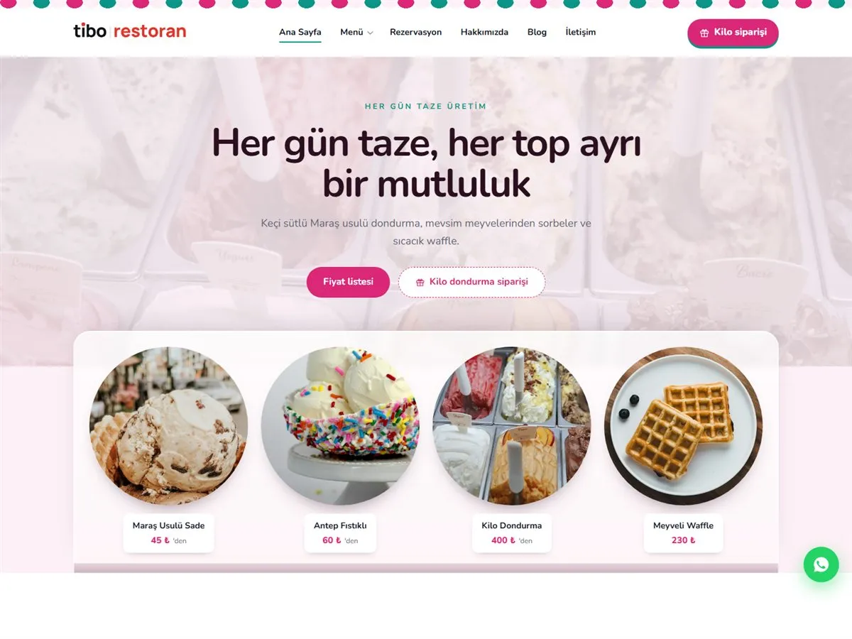dondurmacı sitesi — TiboRestoran Dondurma & Tatlıcı demosu ana sayfa (masaüstü)
