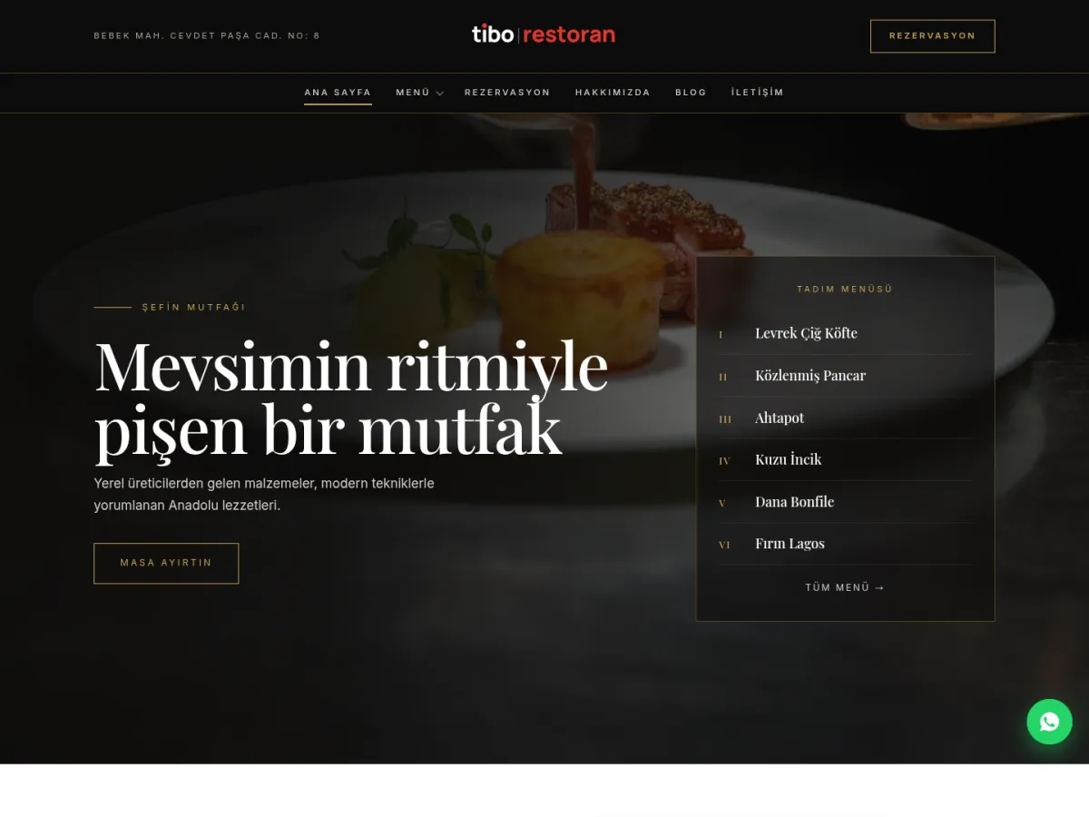 fine dining restoran teması — TiboRestoran Fine Dining demosu ana sayfa (masaüstü)