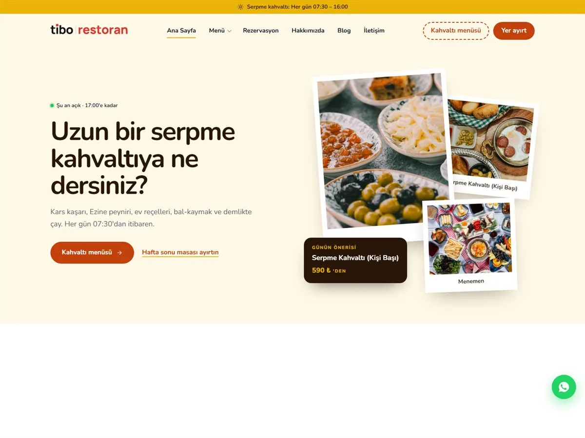 kahvaltı salonu sitesi — TiboRestoran Kahvaltı Salonu demosu ana sayfa (masaüstü)
