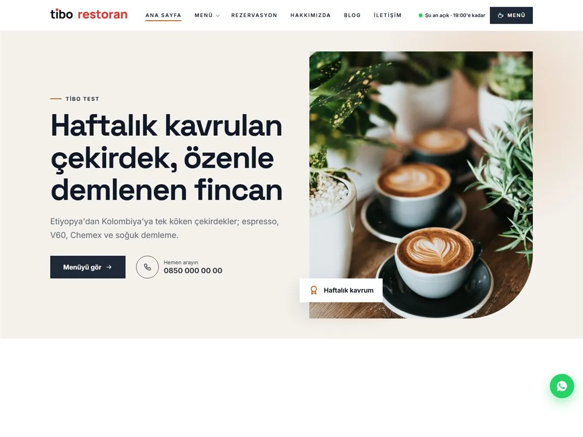 kahve dükkanı web sitesi — TiboRestoran Kahve Dükkanı demosu ana sayfa (masaüstü)