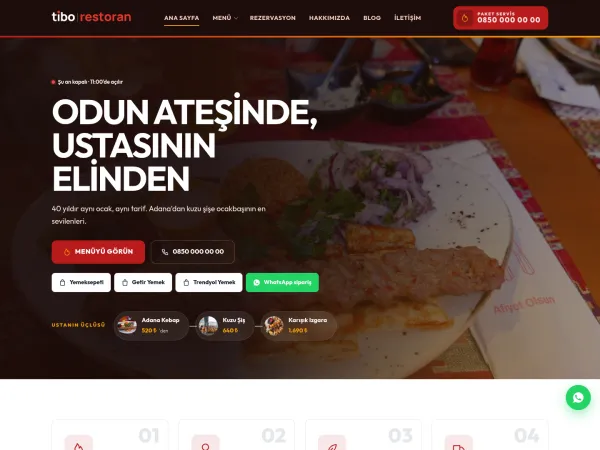pizzacı web sitesi için TiboRestoran Kebap & Ocakbaşı görünümü