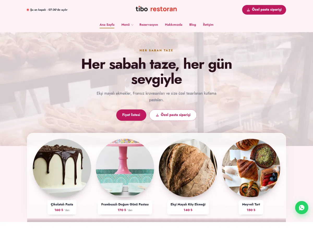 pastane ve fırın teması — TiboRestoran Pastane & Fırın demosu ana sayfa (masaüstü)
