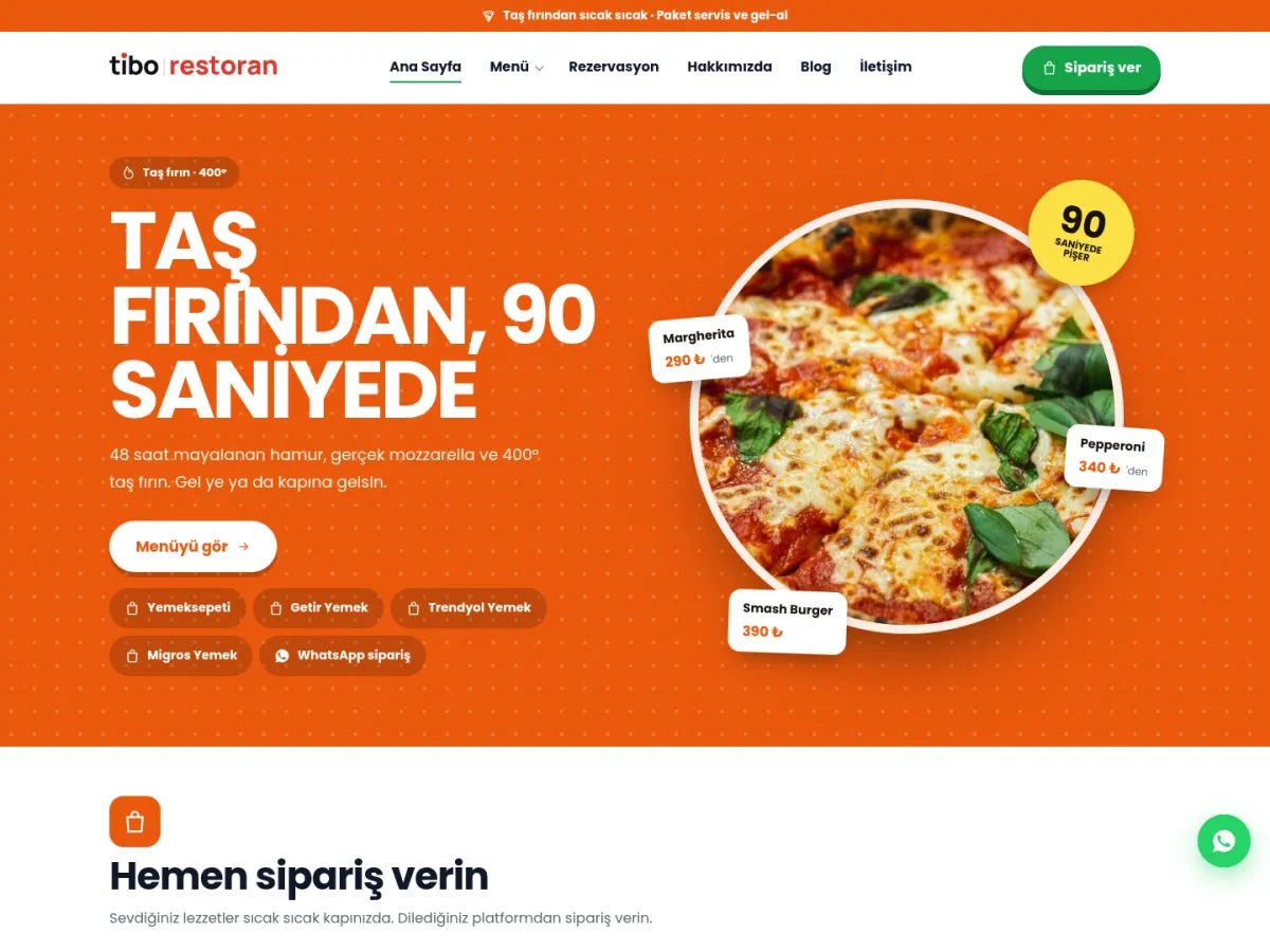 pizza ve burger teması — TiboRestoran Pizza & Burger demosu ana sayfa (masaüstü)