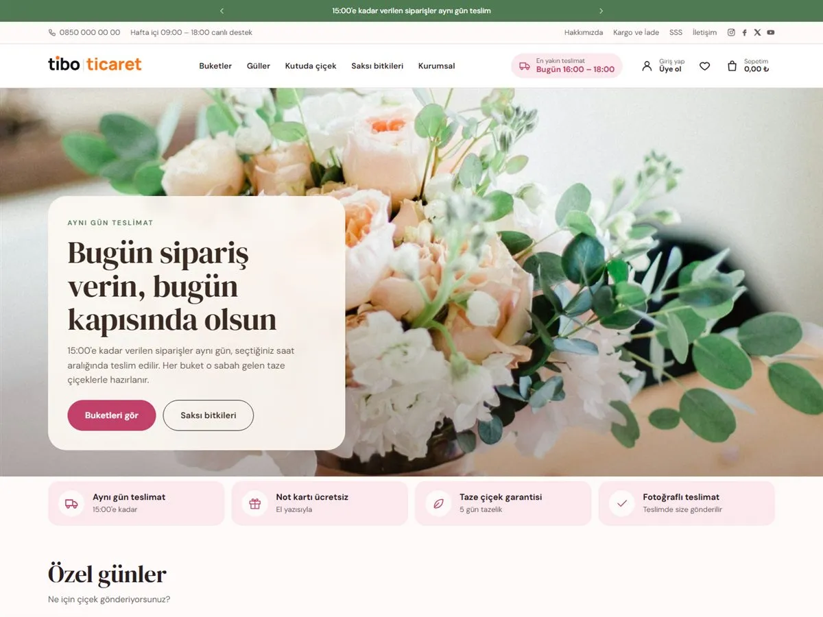 çiçekçi sitesi teması — TiboTicaret Çiçekçi demosu ana sayfa (masaüstü)
