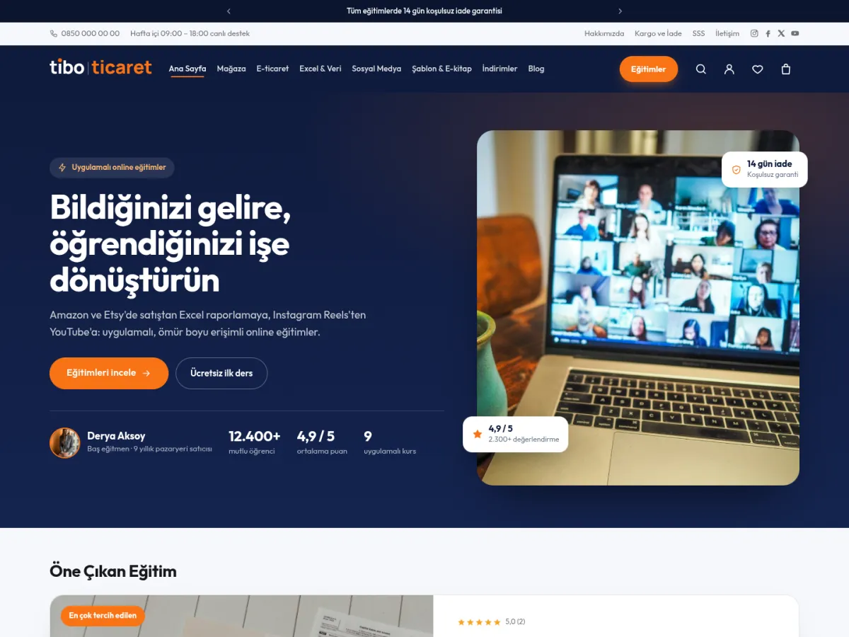online kurs satış sitesi — TiboTicaret Online Eğitim & Dijital Ürün demosu ana sayfa (masaüstü)