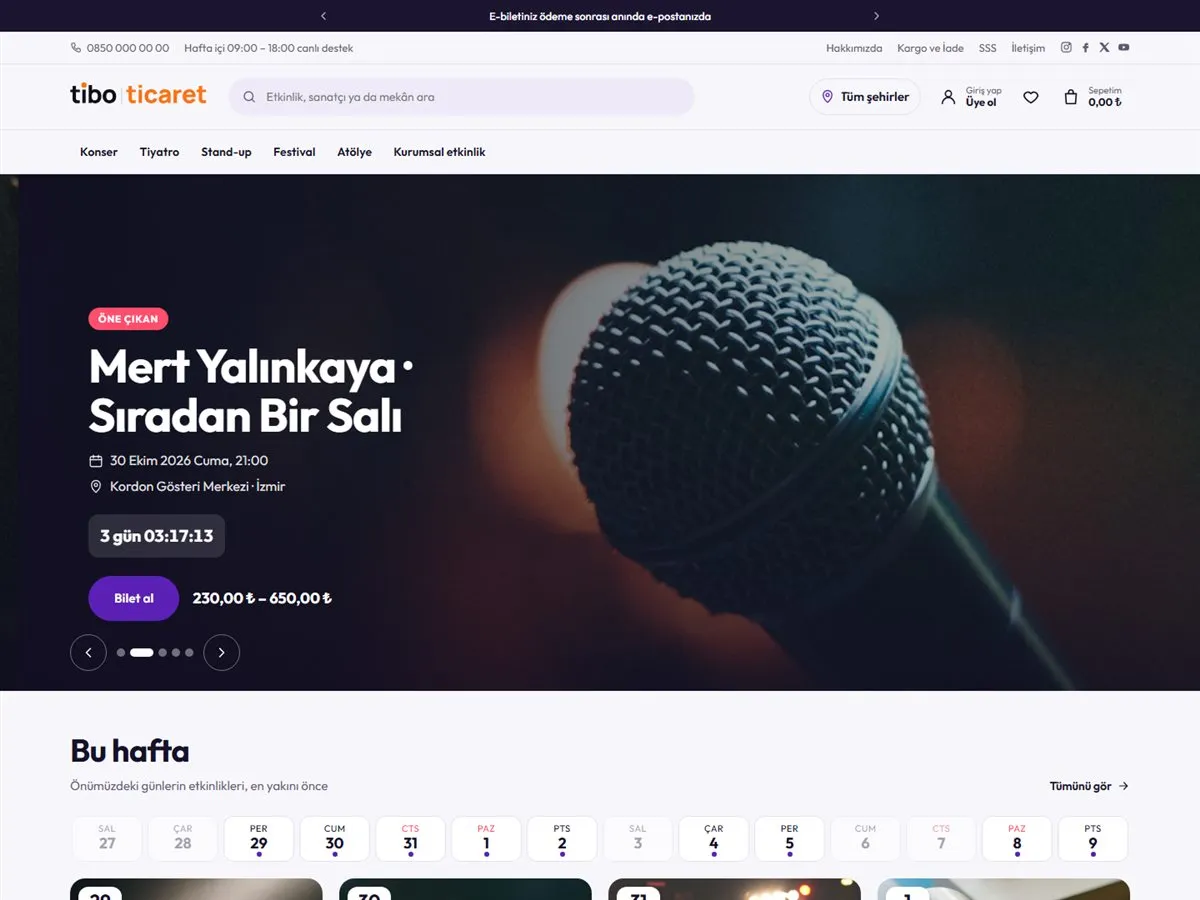 bilet satış sitesi — TiboTicaret Etkinlik & Bilet demosu ana sayfa (masaüstü)