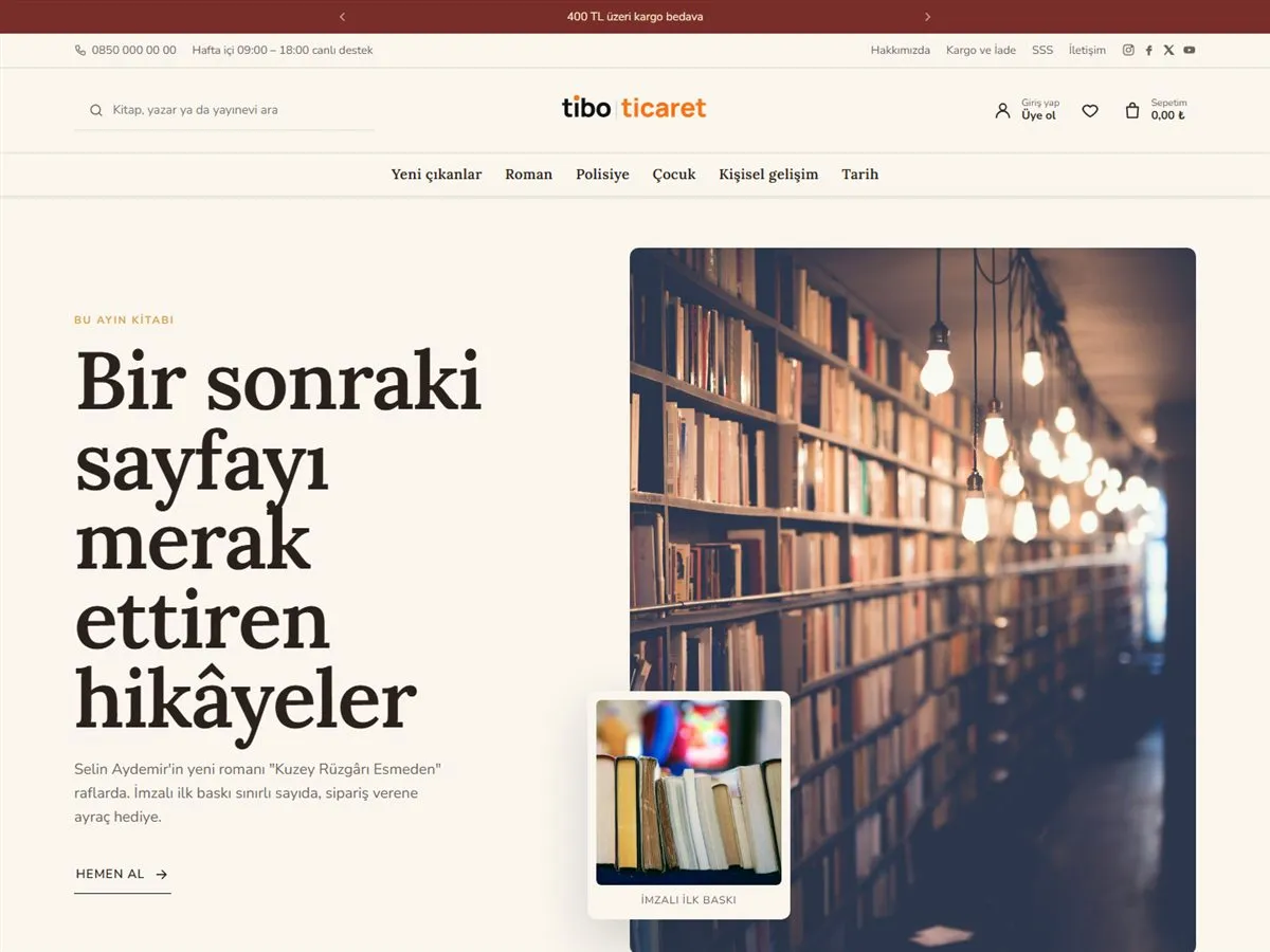 kitapçı e-ticaret sitesi — TiboTicaret Kitapçı demosu ana sayfa (masaüstü)