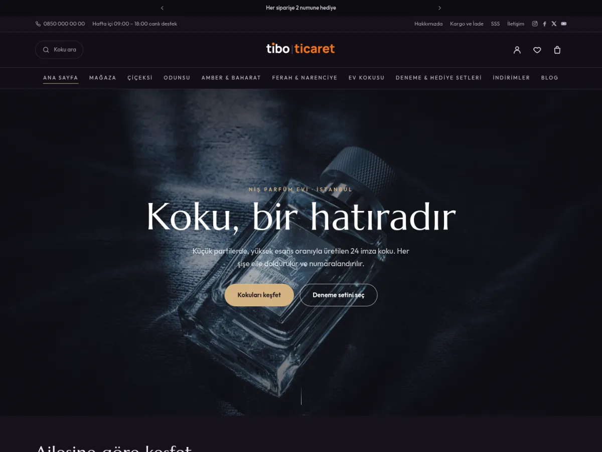 parfüm e-ticaret teması — TiboTicaret Niş Parfüm demosu ana sayfa (masaüstü)
