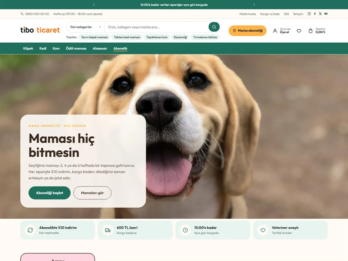 pet shop e-ticaret teması — TiboTicaret Pet Shop demosu ana sayfa (masaüstü)