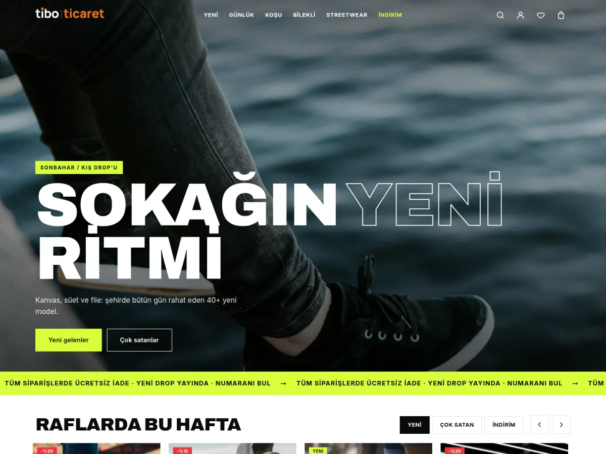 sneaker mağazası teması — TiboTicaret Sneaker & Streetwear demosu ana sayfa (masaüstü)
