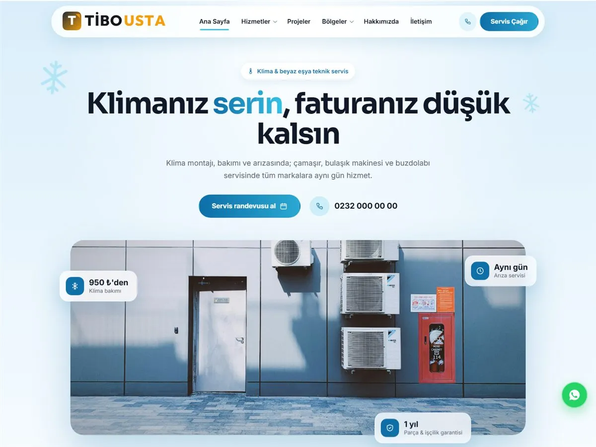 klima servisi web sitesi — TiboUsta Klima & Beyaz Eşya Servisi demosu ana sayfa (masaüstü)