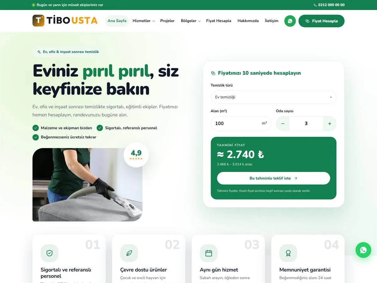 temizlik şirketi web sitesi — TiboUsta Temizlik Şirketi demosu ana sayfa (masaüstü)